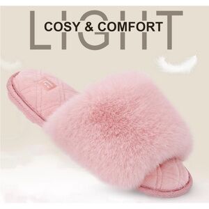 🌸 LongBay Fuzzy Faux Fur Memory Foam Slippers – Pink | Size L (9–10) | NWT